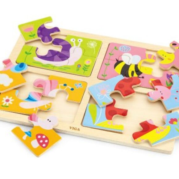 VIGA 4-in-1 Flat Wooden Puzzle w/Tray -Insects New Sealed For Age 18 Months+ - Picture 4 of 13